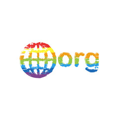 one of first domains for non-profit organization, globe and org. Drawing sign with LGBT style, seven colors of rainbow (red, orange, yellow, green, blue, indigo, violet