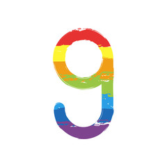 Number nine, numeral, simple letter. Drawing sign with LGBT style, seven colors of rainbow (red, orange, yellow, green, blue, indigo, violet
