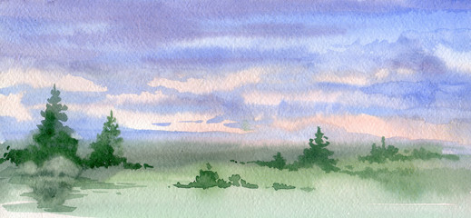 Landscape. Watercolor, gouache. Drawing by hand. Sky clouds. Delicate background for invitation cards.