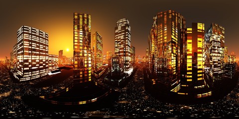 Night city. HDRI . equidistant projection. Spherical panorama. panorama 360. environment map,
