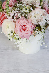 Bouquet of roses, matthiolas and ranunculus flowers