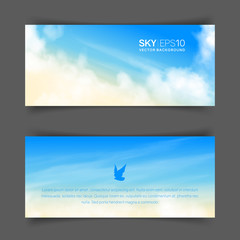 Narrow horizontal vector banners with realistic beige-blue sky and cumulus clouds. The image can be used to design a flyer and postcard.