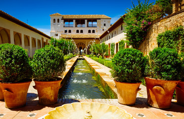 Patio de la Acequia of Generalife, Granada, Spain, toned