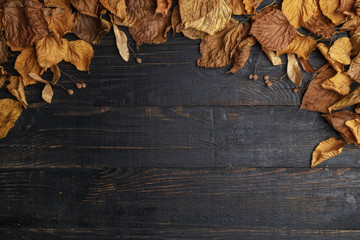 Autumn composition on a dark wooden table. Top view. Space for text.