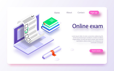 Online exam computer web app. Isometric laptop with paper document printing from screen
