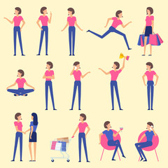Fototapeta premium Set flat design woman character animation poses