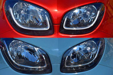 collage. Headlights of a modern car.