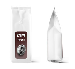 Realistic coffee bag mock up with degassing valve isolated on white background. Front, side. Easy to use for your design, presentation, adv. Vector illustration. EPS10.