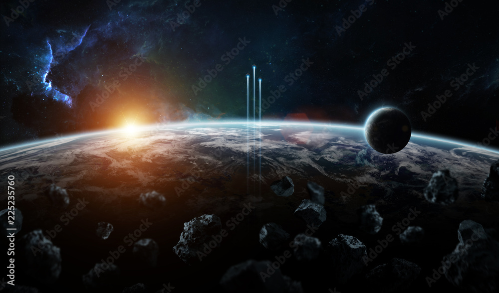 Poster Distant planet system in space with exoplanets 3D rendering elements of this image furnished by NASA