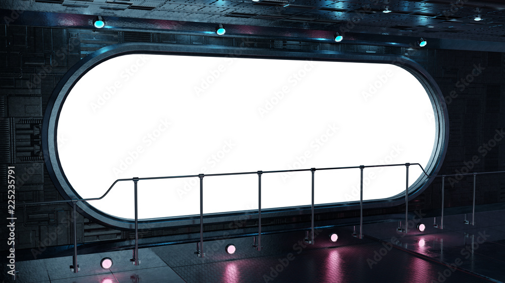 Poster Black tech spaceship round window interior background 3D rendering