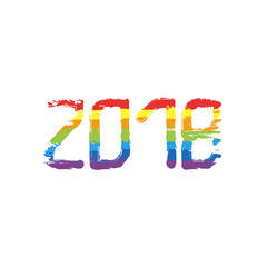 2018 number icon. Happy New Year. Drawing sign with LGBT style, seven colors of rainbow (red, orange, yellow, green, blue, indigo, violet