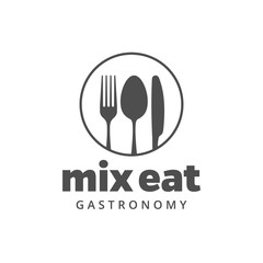 Food vector logo with fork, knife and spoon. Isolated sign. Cutlery in circle form with company or restaurant name