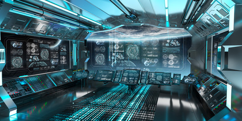 Blue spaceship interior with control panel screens 3D rendering © sdecoret