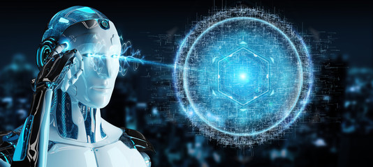 White robot using digital sphere connection hologram 3D rendering