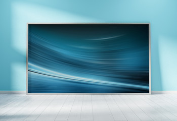 Large horizontal frame leaning on a blue wall 3D rendering