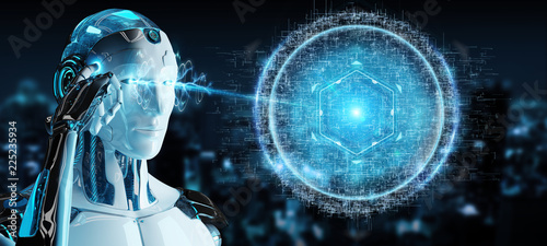 White robot using digital sphere connection hologram 3D rendering