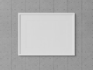 White rectangular horizontal frame hanging on a white wall mockup 3D rendering
