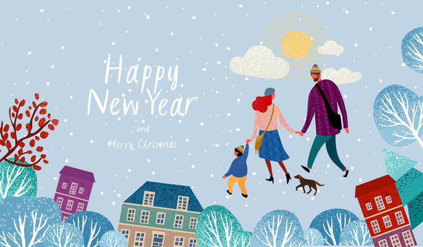  vector illustration of a happy family in christmas and new year on a walk around the city, mom, dad, child and dog stroll through the park, family in winter