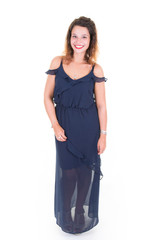 full lenght pretty beauty young girl in blue party dress