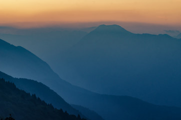 Fototapeta na wymiar Magic sunset in the Socha valley with mountain silhouettes
