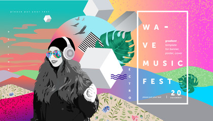 Colorful abstract poster and cover design, electronic music festival banner with abstract gradient, vector psychedelic background for flyer or brochure, illustration of a girl who listen to music