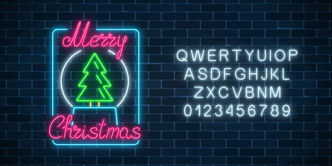 Glowing neon christmas sign with christmas tree in snowball with alphabet. Xmas symbol web banner in neon style