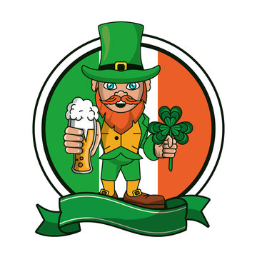 Irish elf with beer and clover cartoon