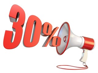30 percent sign and megaphone 3D