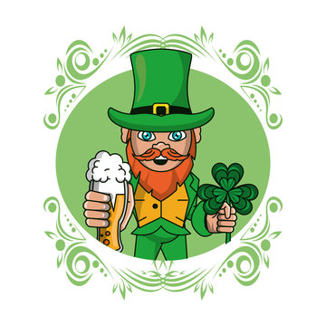 Irish elf with beer and clover cartoon