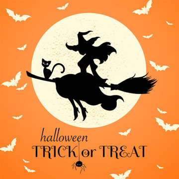 Trick or Treat. Witch flies on a broom with a black cat against the background of the full moon. Vector illustration. The Halloween greeting concept.