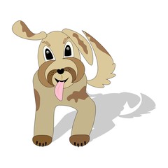 Cute beige mottled dog running with torn tongue, cartoon illustration with shadow isolated on white background, vector illustration