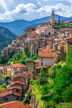 View of Apricale in the Province of Imperia, Liguria, Italy