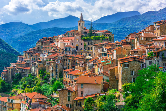 View of Apricale in the Province of Imperia, Liguria, Italy