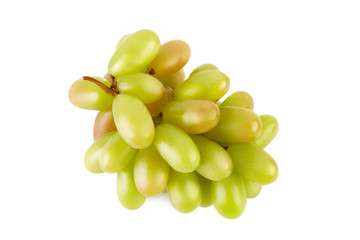 A glass of white wine with a bunch of green grapes on a white background. Alcoholic beverages.