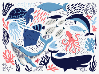Obraz premium Zestaw z ręcznie rysowane elementy życia morskiego.