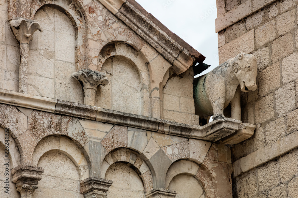 Wall mural gargoyle on the facade of the zadar cathedral of st. anastasia in zadar, croatia, constructed in the