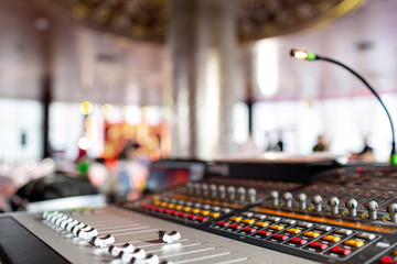 control Fader. Mixing console of light equipment operator at the concert. Sound recording studio...