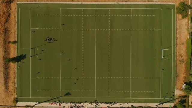 Rugby field match with drone view at 4 x speed