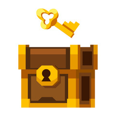 Cartoon vector golden key and closed wooden chest