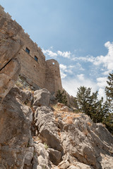 Remains of the Castle of the Knights of St John, built before 13 century. Castle built in the same place as Doric Temple of Athena Lindia, dating from about 300 BC. Greek Island of Rhodes, Rodos.