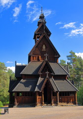 Fototapeta na wymiar Main view of Gol Church, a stave church originally built in Gol city, but now located in the Norwegian Museum of Cultural History at Bygdoy in Oslo, Norway.
