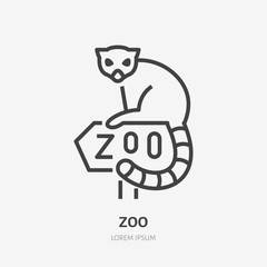 Lemur sitting on Zoo sign flat line icon. Animal park sign, wildlife logo. © nadiinko
