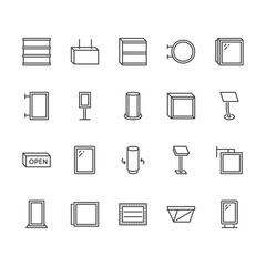 Light box flat line icons. Hanging signboard, retro lightbox, outdoor banner, shop advertising vector illustrations. Thin signs of street ads. Pixel perfect 64x64. Editable Strokes.