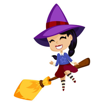 Happy cartoon witch character flying on a broomstick fantasy