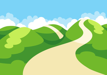 Cartoon illustration of spring landscape with blue sky and green hills