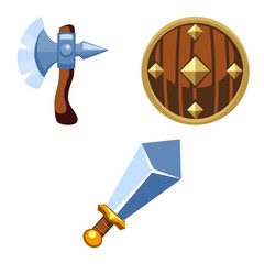 Cartoon weapons set, axe, shield, sword