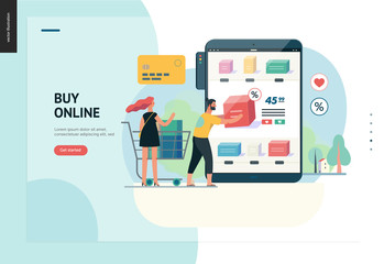 Business series, color 1 - buy online shop - modern flat vector illustration concept of man and woman shopping online Website interaction and purchasing process. Creative landing page design template