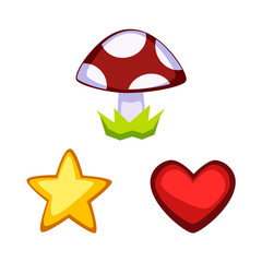 Cartoon set of game items, star, heart, mushroom