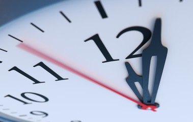 Deadline and time concept. Close up view on clock showing twelve hours. 3D rendered illustration.