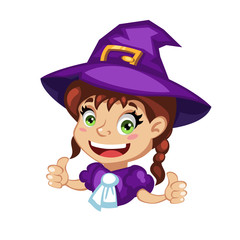 Cartoon young girl witch character with thumbs up